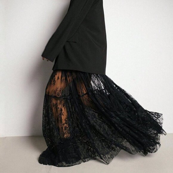 Black Casual Women's Elastic Lace Waist Ruffle Hem Maxi Skirt - Picture 1 of 7